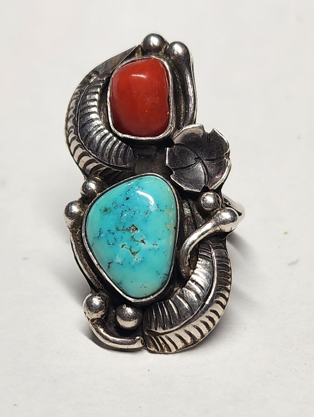 Presley Curley Native Coral, Turquoise, and Sterling Ring
